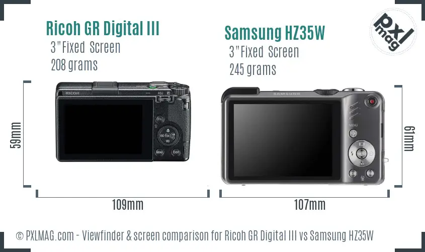 Ricoh GR Digital III vs Samsung HZ35W Screen and Viewfinder comparison