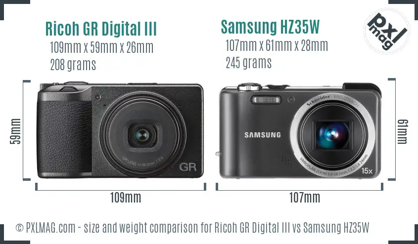 Ricoh GR Digital III vs Samsung HZ35W size comparison