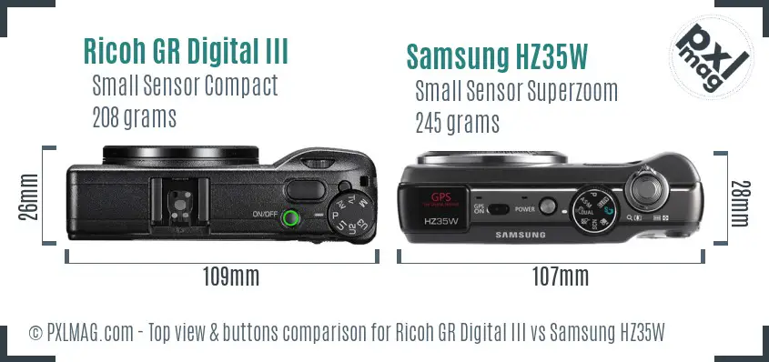 Ricoh GR Digital III vs Samsung HZ35W top view buttons comparison