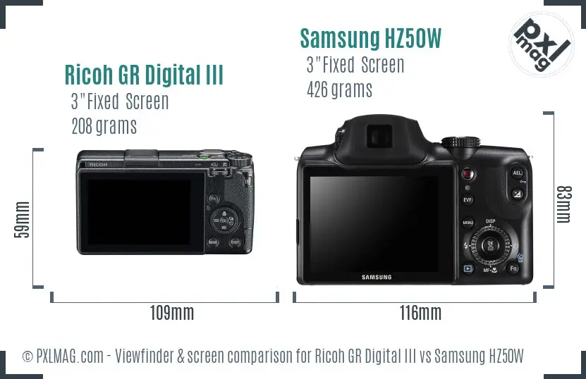 Ricoh GR Digital III vs Samsung HZ50W Screen and Viewfinder comparison