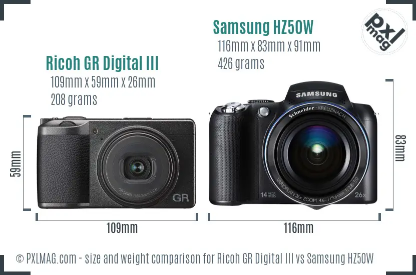 Ricoh GR Digital III vs Samsung HZ50W size comparison