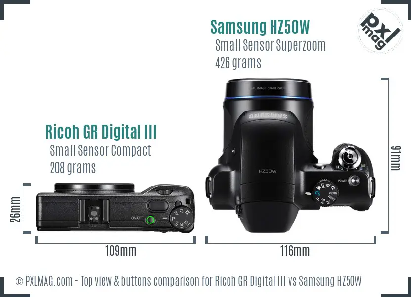 Ricoh GR Digital III vs Samsung HZ50W top view buttons comparison