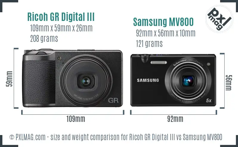 Ricoh GR Digital III vs Samsung MV800 size comparison