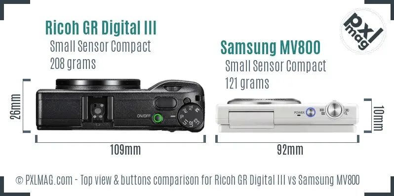 Ricoh GR Digital III vs Samsung MV800 top view buttons comparison
