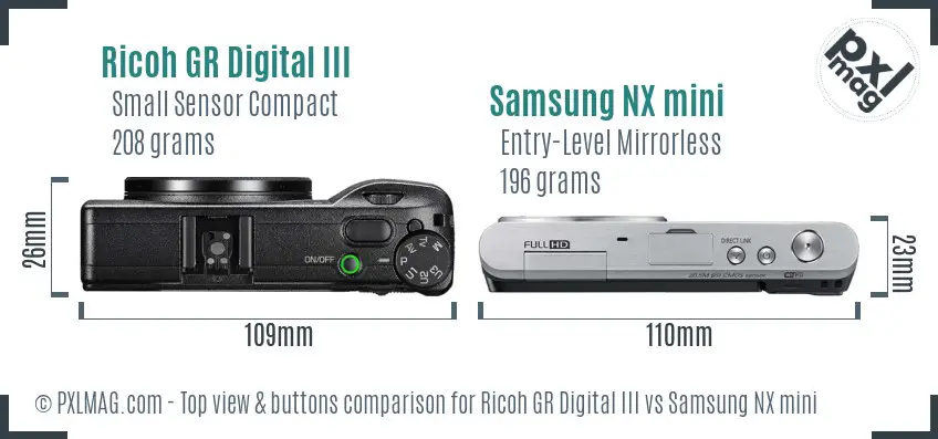 Ricoh GR Digital III vs Samsung NX mini top view buttons comparison