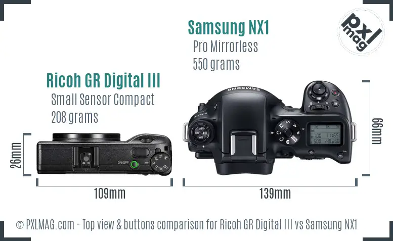 Ricoh GR Digital III vs Samsung NX1 top view buttons comparison