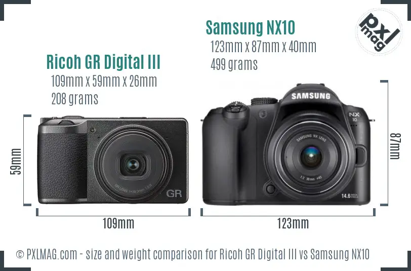 Ricoh GR Digital III vs Samsung NX10 size comparison