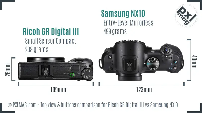 Ricoh GR Digital III vs Samsung NX10 top view buttons comparison