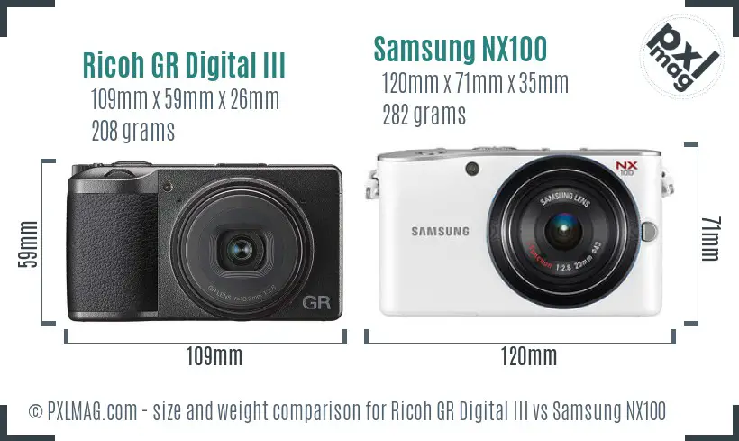 Ricoh GR Digital III vs Samsung NX100 size comparison