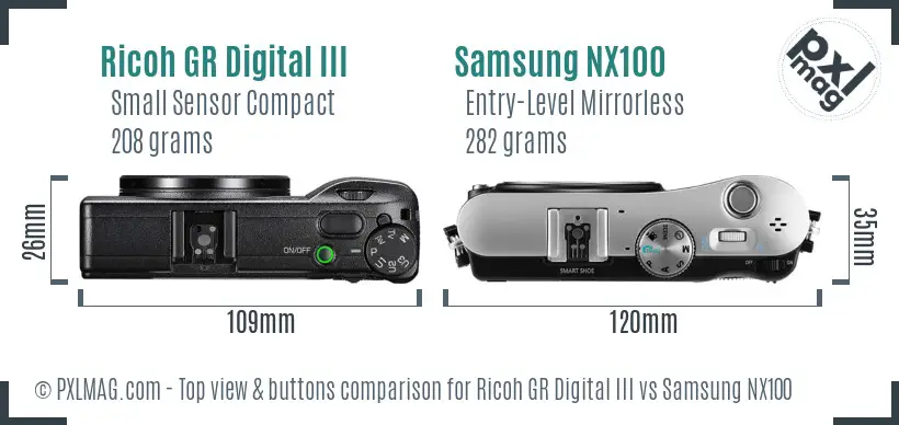 Ricoh GR Digital III vs Samsung NX100 top view buttons comparison