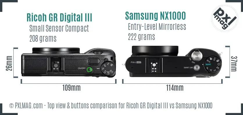 Ricoh GR Digital III vs Samsung NX1000 top view buttons comparison