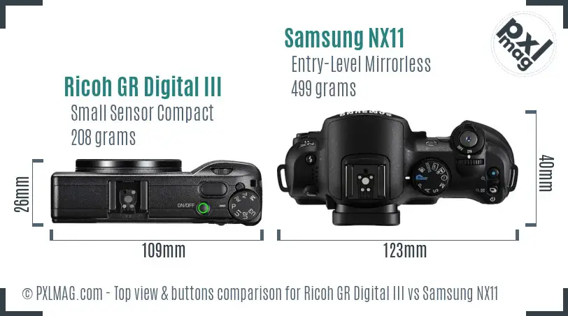Ricoh GR Digital III vs Samsung NX11 top view buttons comparison