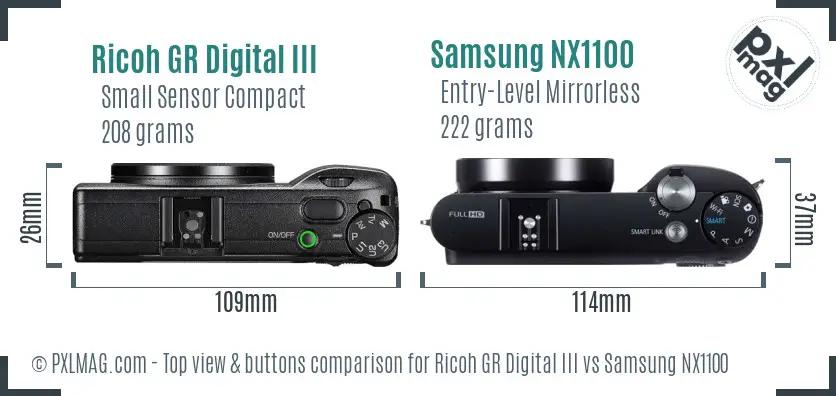 Ricoh GR Digital III vs Samsung NX1100 top view buttons comparison