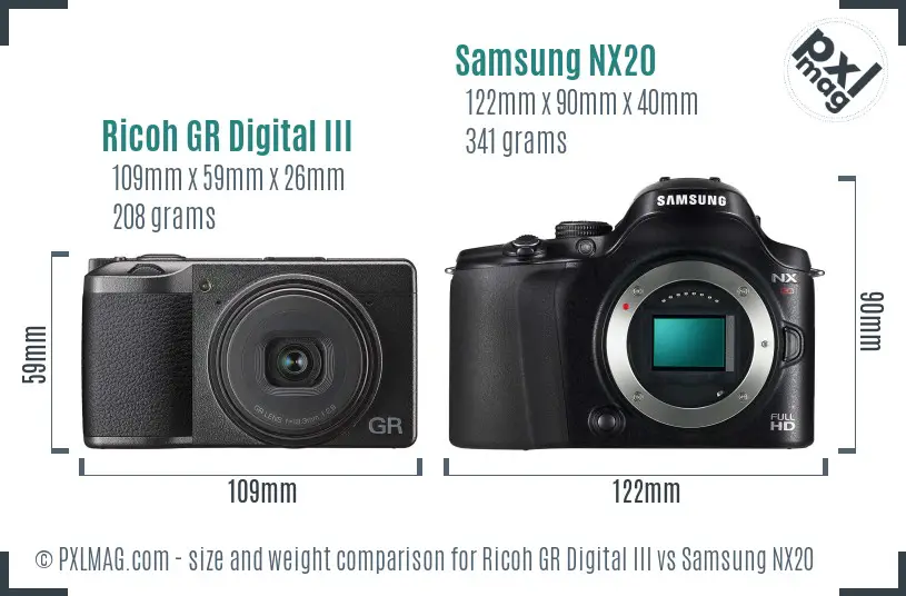 Ricoh GR Digital III vs Samsung NX20 size comparison