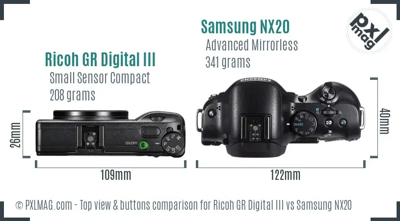 Ricoh GR Digital III vs Samsung NX20 top view buttons comparison