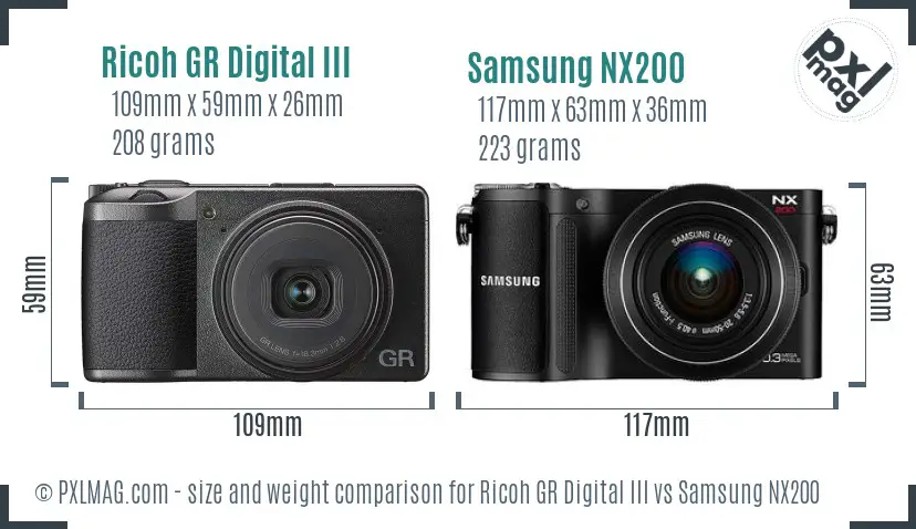Ricoh GR Digital III vs Samsung NX200 size comparison