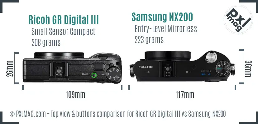 Ricoh GR Digital III vs Samsung NX200 top view buttons comparison