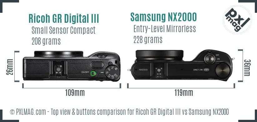 Ricoh GR Digital III vs Samsung NX2000 top view buttons comparison