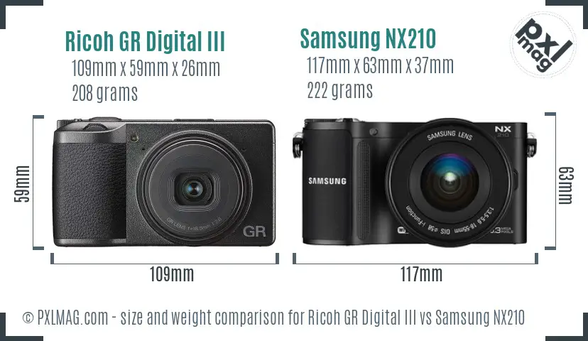 Ricoh GR Digital III vs Samsung NX210 size comparison