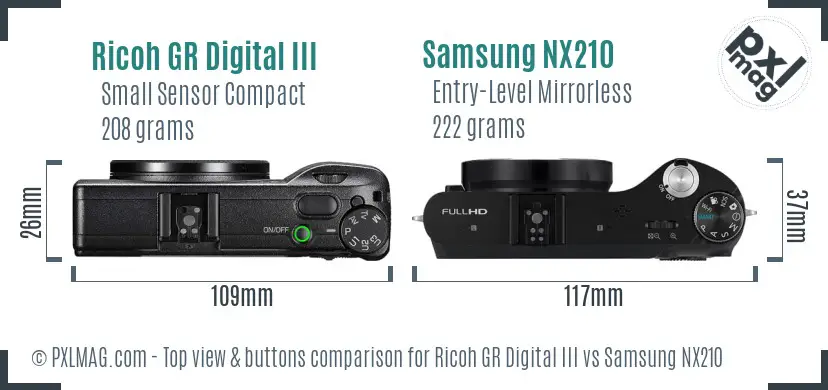 Ricoh GR Digital III vs Samsung NX210 top view buttons comparison