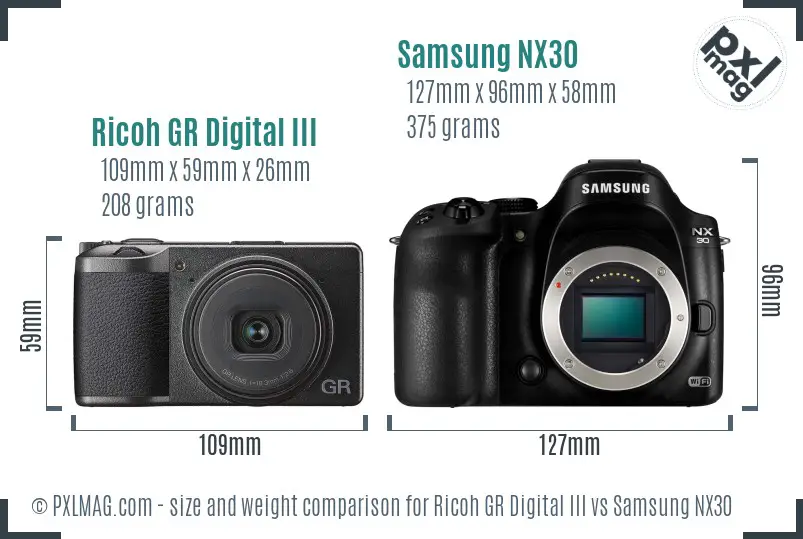 Ricoh GR Digital III vs Samsung NX30 size comparison