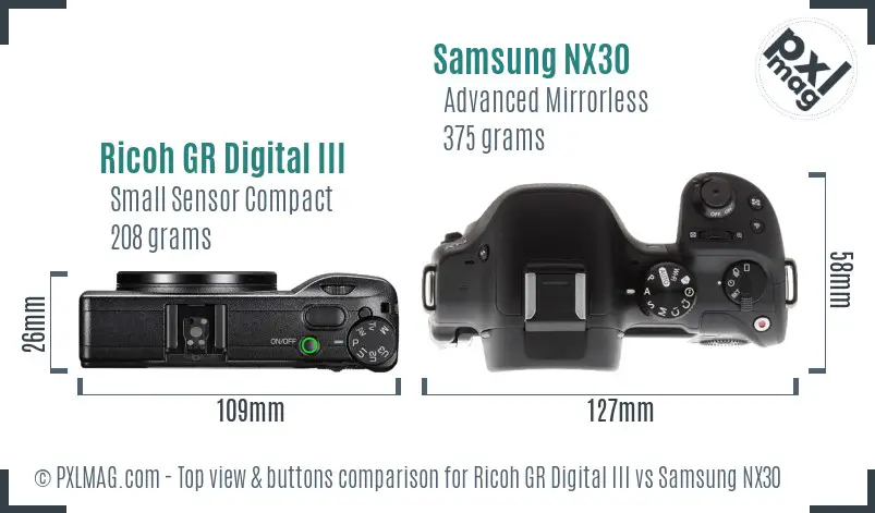 Ricoh GR Digital III vs Samsung NX30 top view buttons comparison