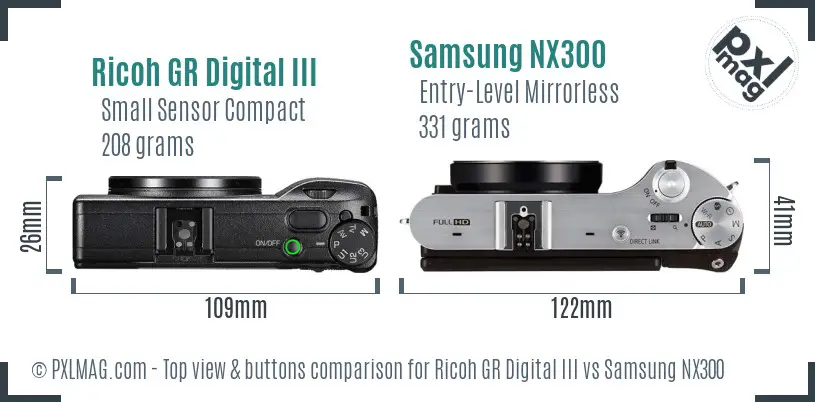 Ricoh GR Digital III vs Samsung NX300 top view buttons comparison