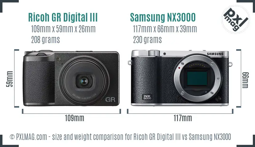 Ricoh GR Digital III vs Samsung NX3000 size comparison