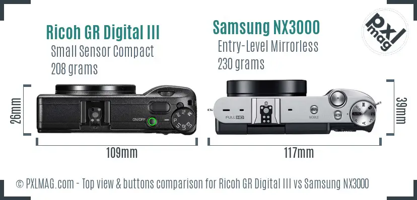 Ricoh GR Digital III vs Samsung NX3000 top view buttons comparison