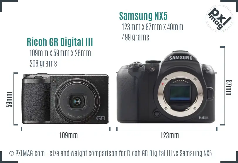 Ricoh GR Digital III vs Samsung NX5 size comparison