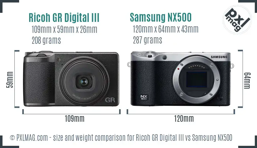 Ricoh GR Digital III vs Samsung NX500 size comparison