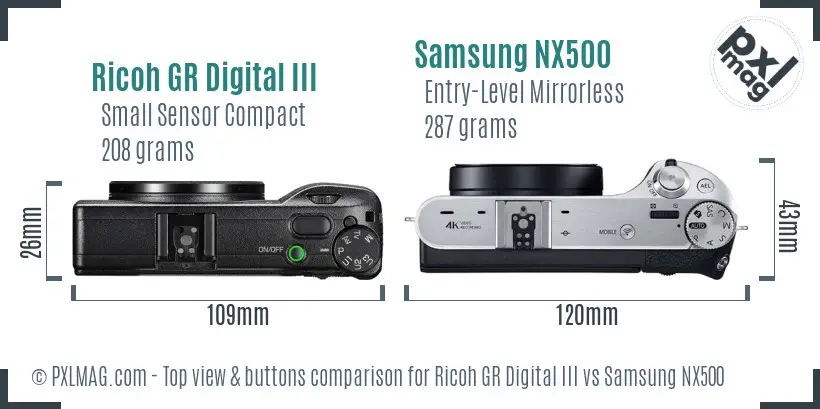 Ricoh GR Digital III vs Samsung NX500 top view buttons comparison