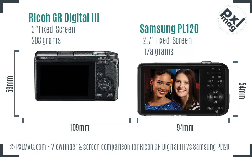 Ricoh GR Digital III vs Samsung PL120 Screen and Viewfinder comparison