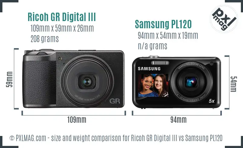Ricoh GR Digital III vs Samsung PL120 size comparison