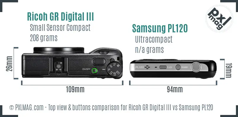Ricoh GR Digital III vs Samsung PL120 top view buttons comparison