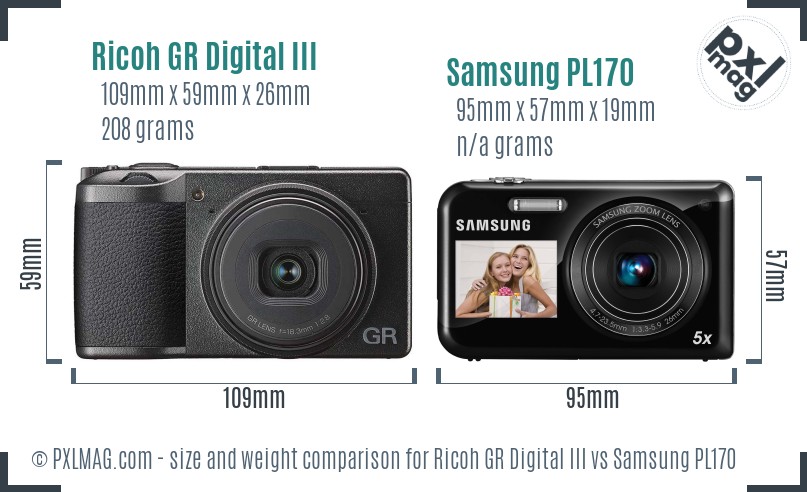 Ricoh GR Digital III vs Samsung PL170 size comparison