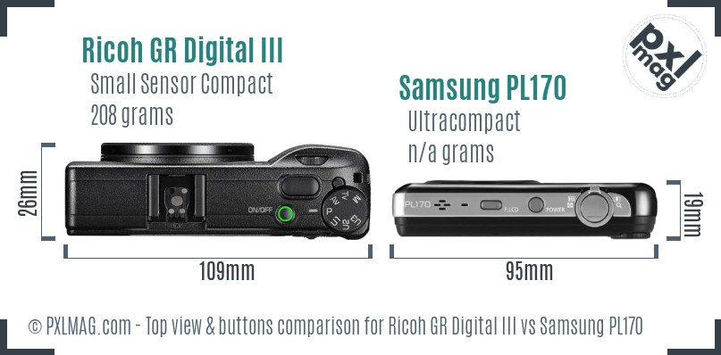 Ricoh GR Digital III vs Samsung PL170 top view buttons comparison