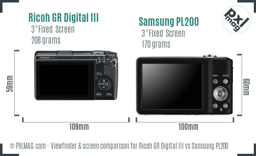 Ricoh GR Digital III vs Samsung PL200 Screen and Viewfinder comparison