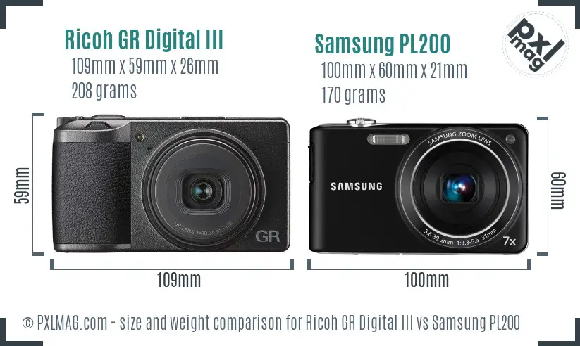 Ricoh GR Digital III vs Samsung PL200 size comparison