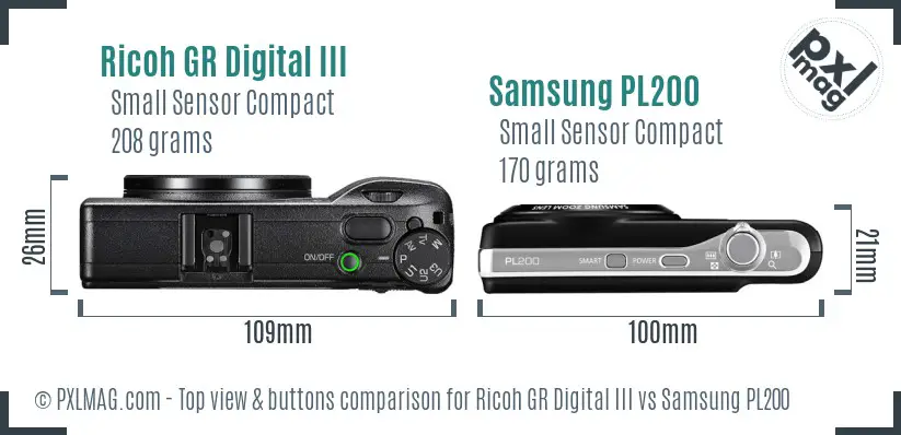 Ricoh GR Digital III vs Samsung PL200 top view buttons comparison