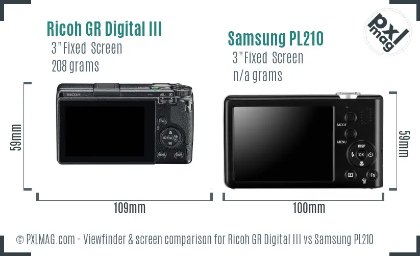 Ricoh GR Digital III vs Samsung PL210 Screen and Viewfinder comparison