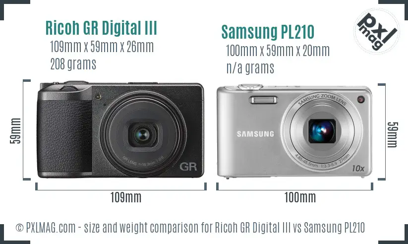 Ricoh GR Digital III vs Samsung PL210 size comparison