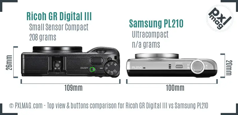 Ricoh GR Digital III vs Samsung PL210 top view buttons comparison