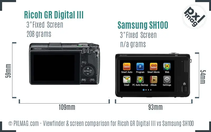 Ricoh GR Digital III vs Samsung SH100 Screen and Viewfinder comparison