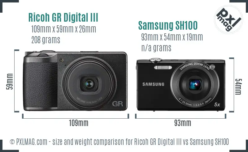 Ricoh GR Digital III vs Samsung SH100 size comparison