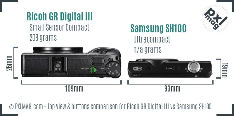 Ricoh GR Digital III vs Samsung SH100 top view buttons comparison