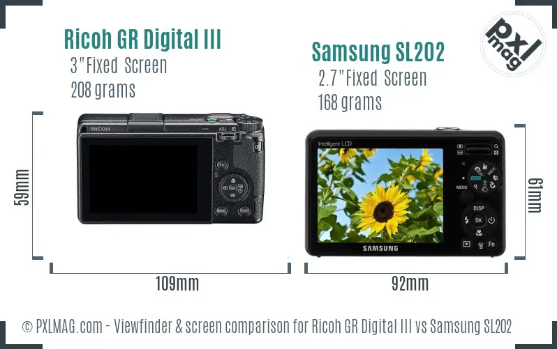 Ricoh GR Digital III vs Samsung SL202 Screen and Viewfinder comparison