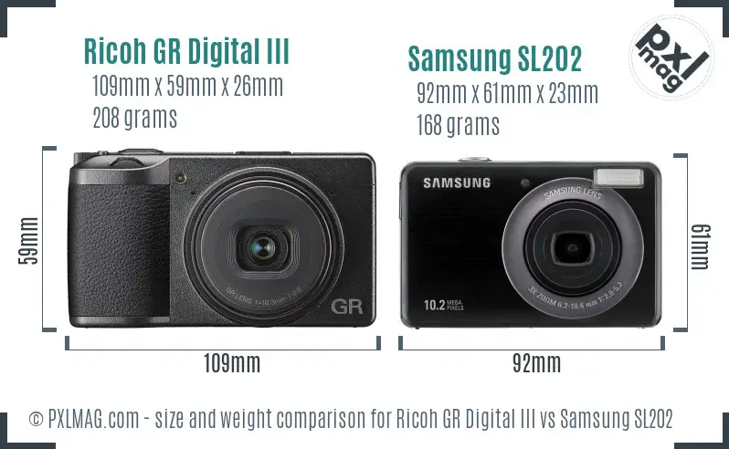 Ricoh GR Digital III vs Samsung SL202 size comparison