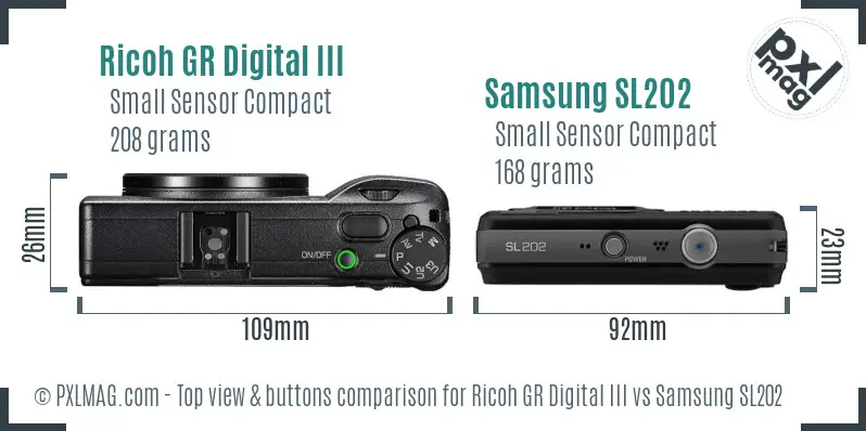 Ricoh GR Digital III vs Samsung SL202 top view buttons comparison