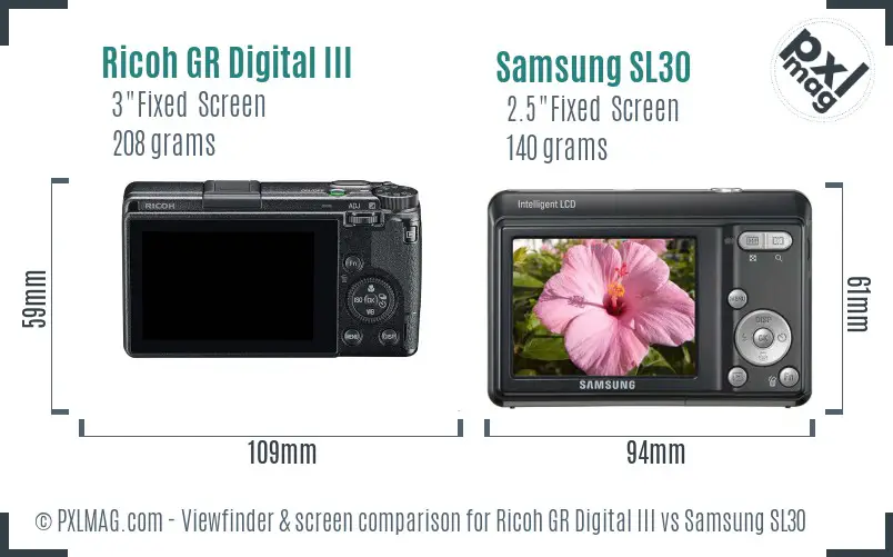 Ricoh GR Digital III vs Samsung SL30 Screen and Viewfinder comparison